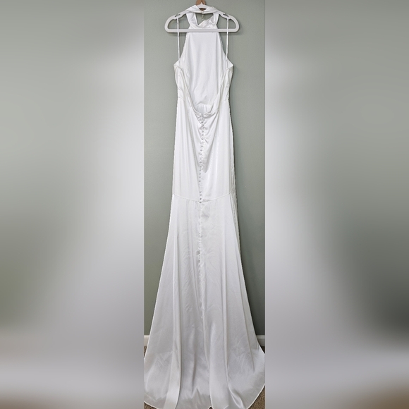Lulus Luxe Destiny White Satin Backless Halter Mermaid Maxi Wedding Dress  Gown L